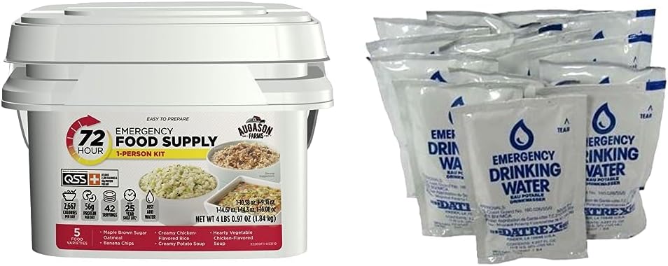 Augason Farms 72-Hour 1-Person Emergency Food Supply Kit 4 lbs 1 oz  Datrex Emergency Water Packet 4.227 oz - 3 Day/72 Hour Supply (18 Packs), White