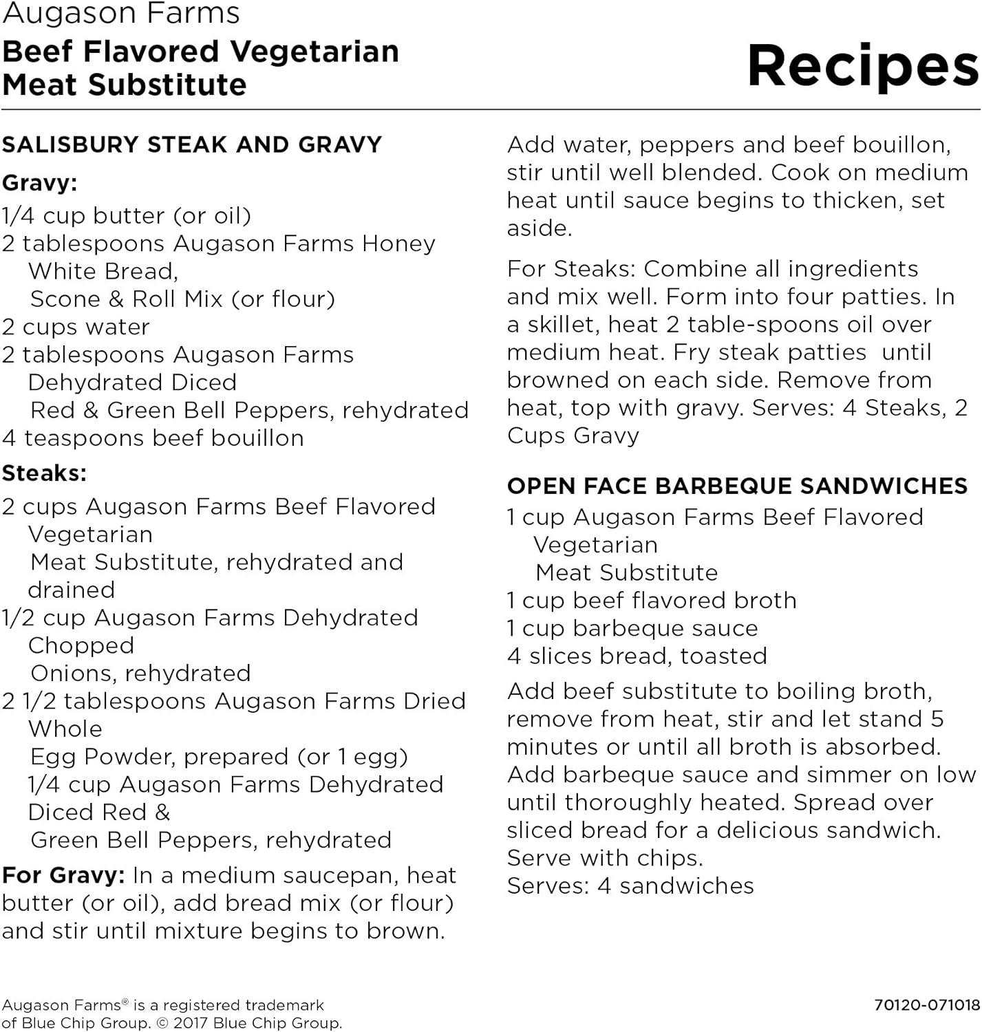 Augason Farms Beef Flavored Vegetarian Meat Substitute 2 Lbs 5 OZ No. 10 Can  Gluten-Free Black Bean Burger 2 lbs 14 oz No. 10 Can 1 Pack