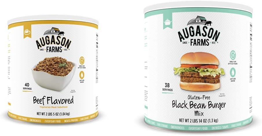 Augason Farms Beef Flavored Vegetarian Meat Substitute 2 Lbs 5 OZ No. 10 Can  Gluten-Free Black Bean Burger 2 lbs 14 oz No. 10 Can 1 Pack