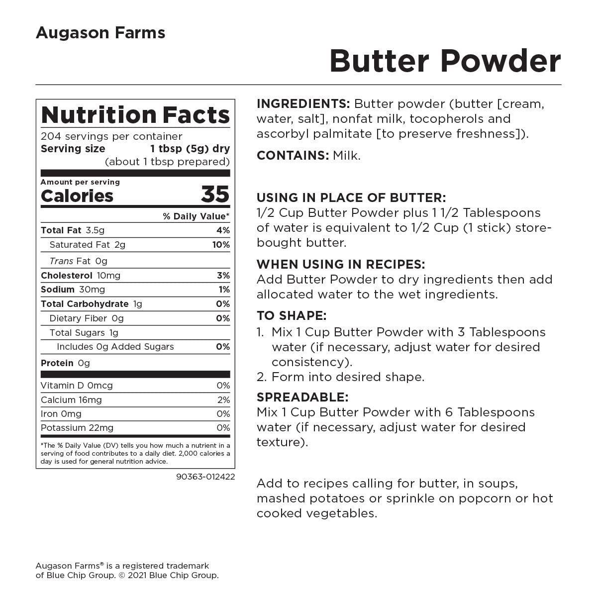 Augason Farms Breakfast Emergency Food Supply 4 Gallon Pail  Butter Powder 2 lbs 4 oz No. 10 Can