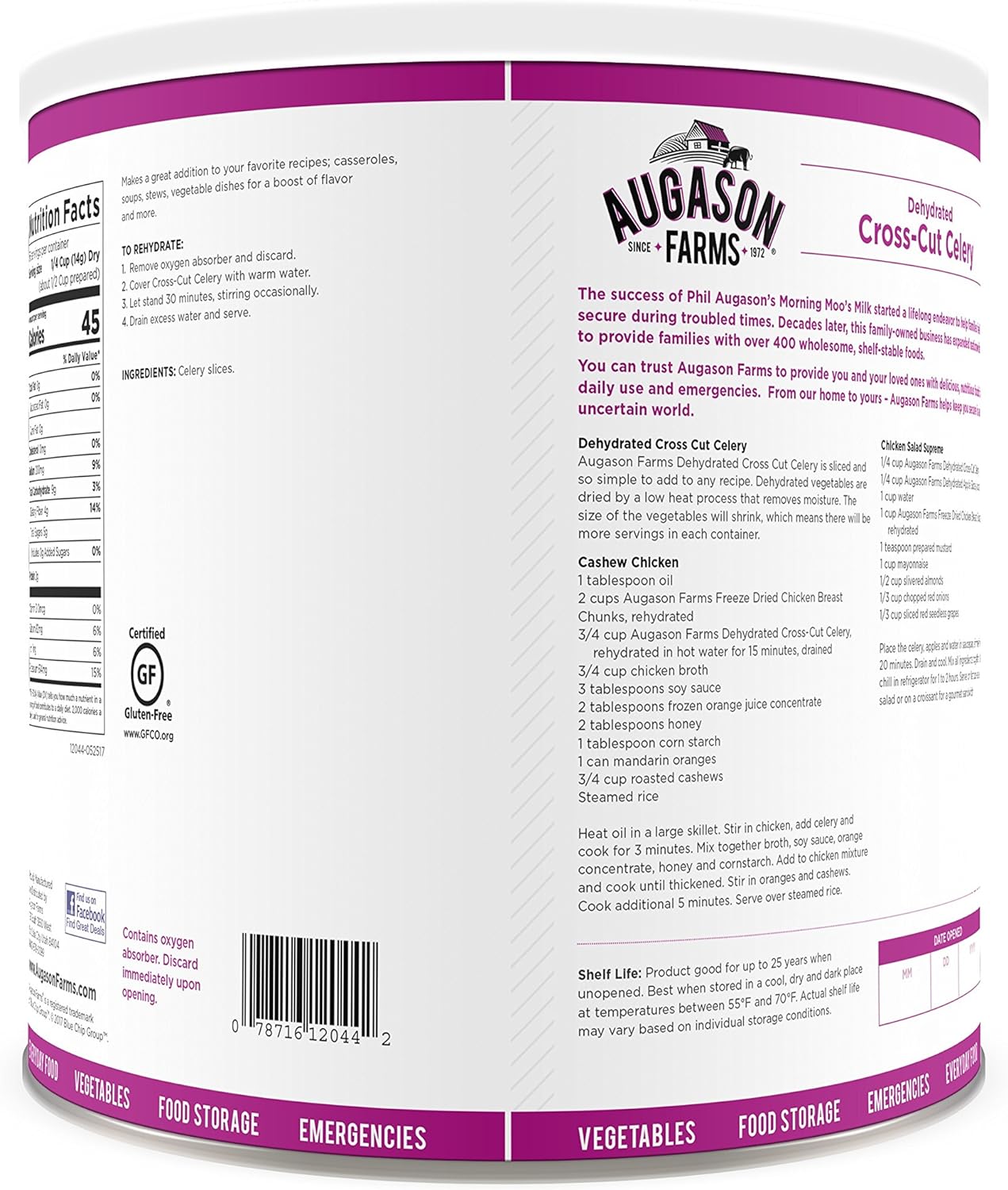 Augason Farms Dehydrated Diced Carrots,net weight 2 lbs 6 ounce Dehydrated Cross Cut Celery 1 lb 2 oz No. 10 Can