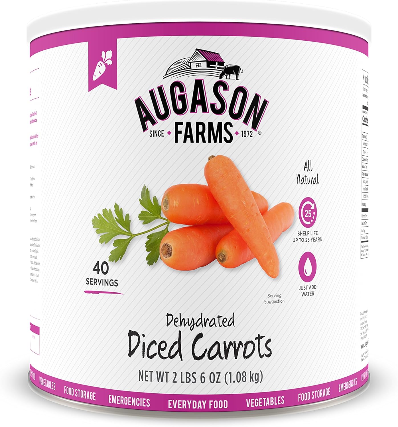 Augason Farms Dehydrated Diced Carrots,net weight 2 lbs 6 ounce.  Freeze Dried Peas #10 Can, 16 oz