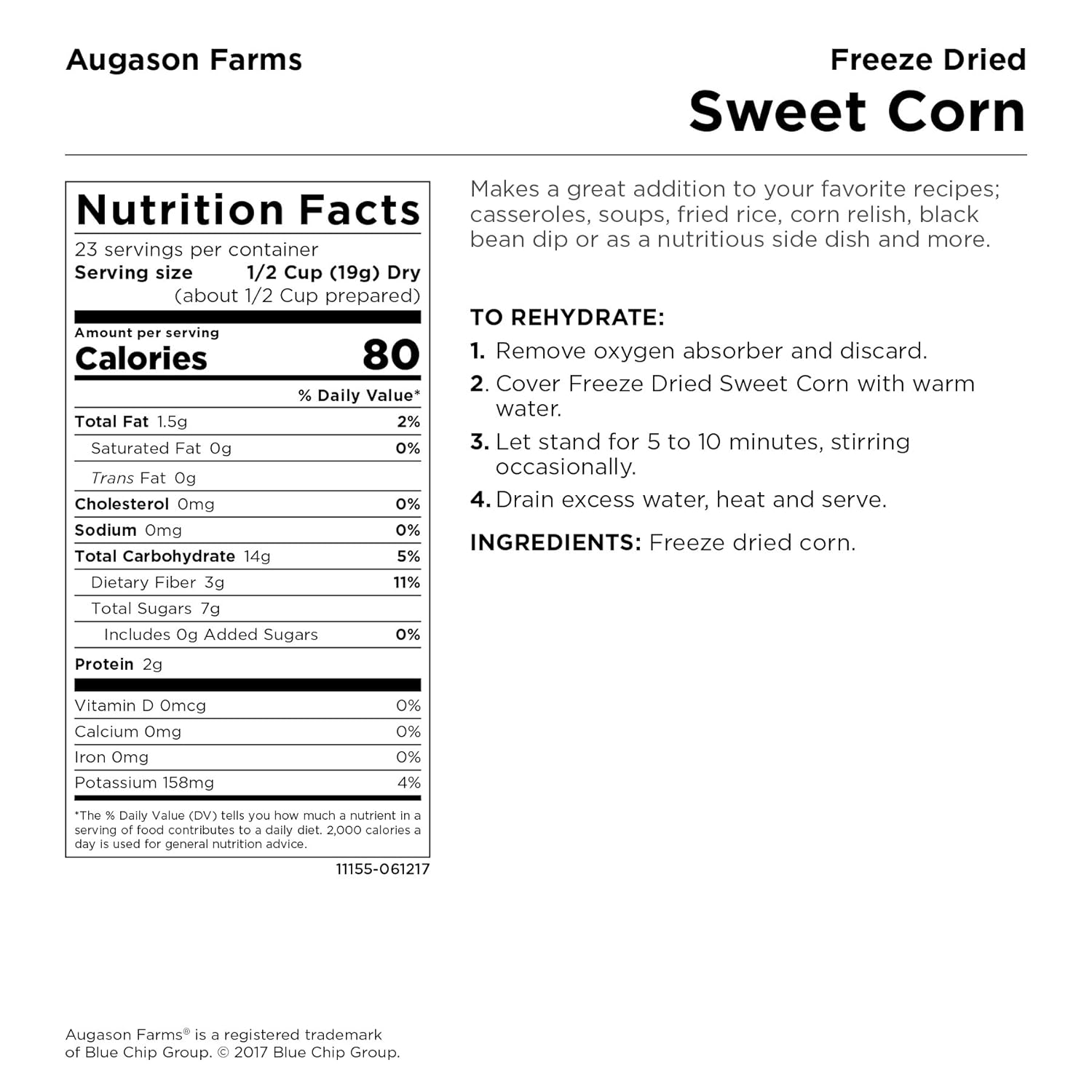 Augason Farms Freeze Dried Sweet Corn 16 oz #10 Can