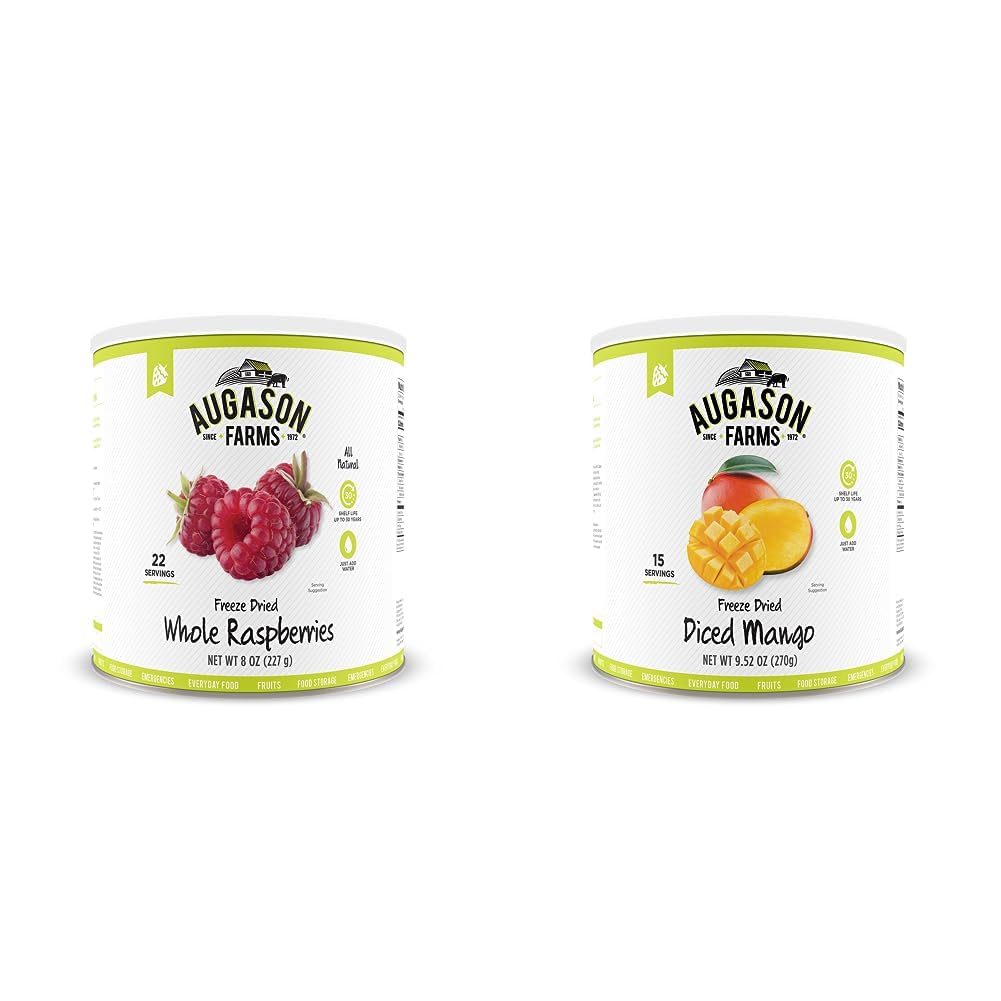 Augason Farms Freeze Dried Whole Raspberries #10 Can, 8 oz  Freeze Dried Diced Mango 9.52 oz No. 10 Can