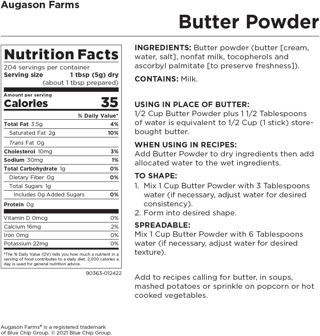 Augason Farms Gluten Free Black Bean Burger 4 Gallon Pail  Butter Powder 2 lbs 4 oz No. 10 Can