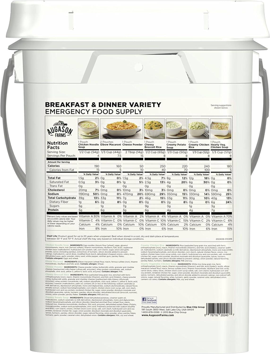 Augason Farms Lunch and Dinner Variety Pail Emergency Food Supply 4-Gallon Pail  Farms Breakfast and Dinner Variety Pail Emergency Food Supply Everyday Meals 4 Gallon Pail