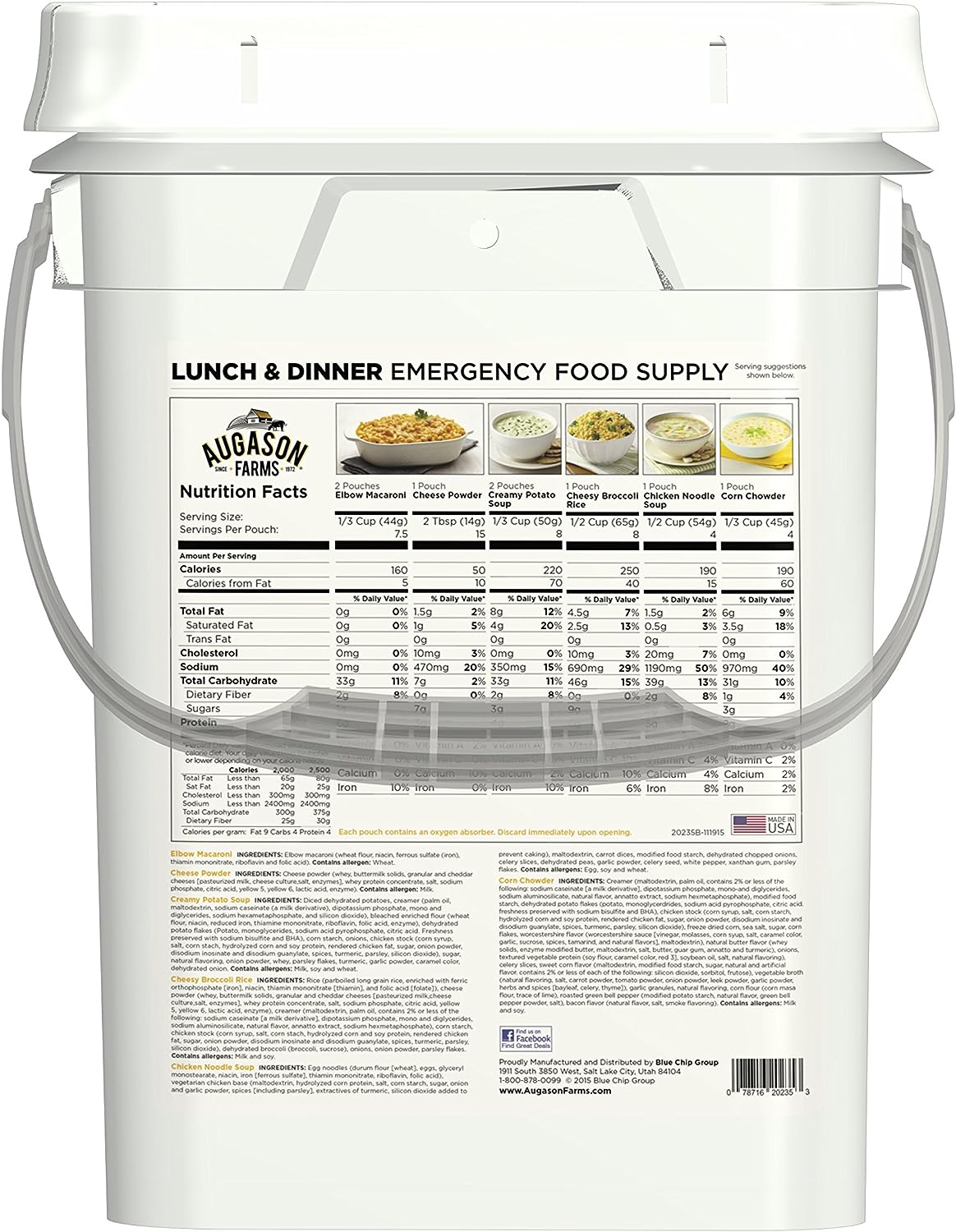 Augason Farms Lunch and Dinner Variety Pail Emergency Food Supply 4-Gallon Pail  Farms Breakfast and Dinner Variety Pail Emergency Food Supply Everyday Meals 4 Gallon Pail