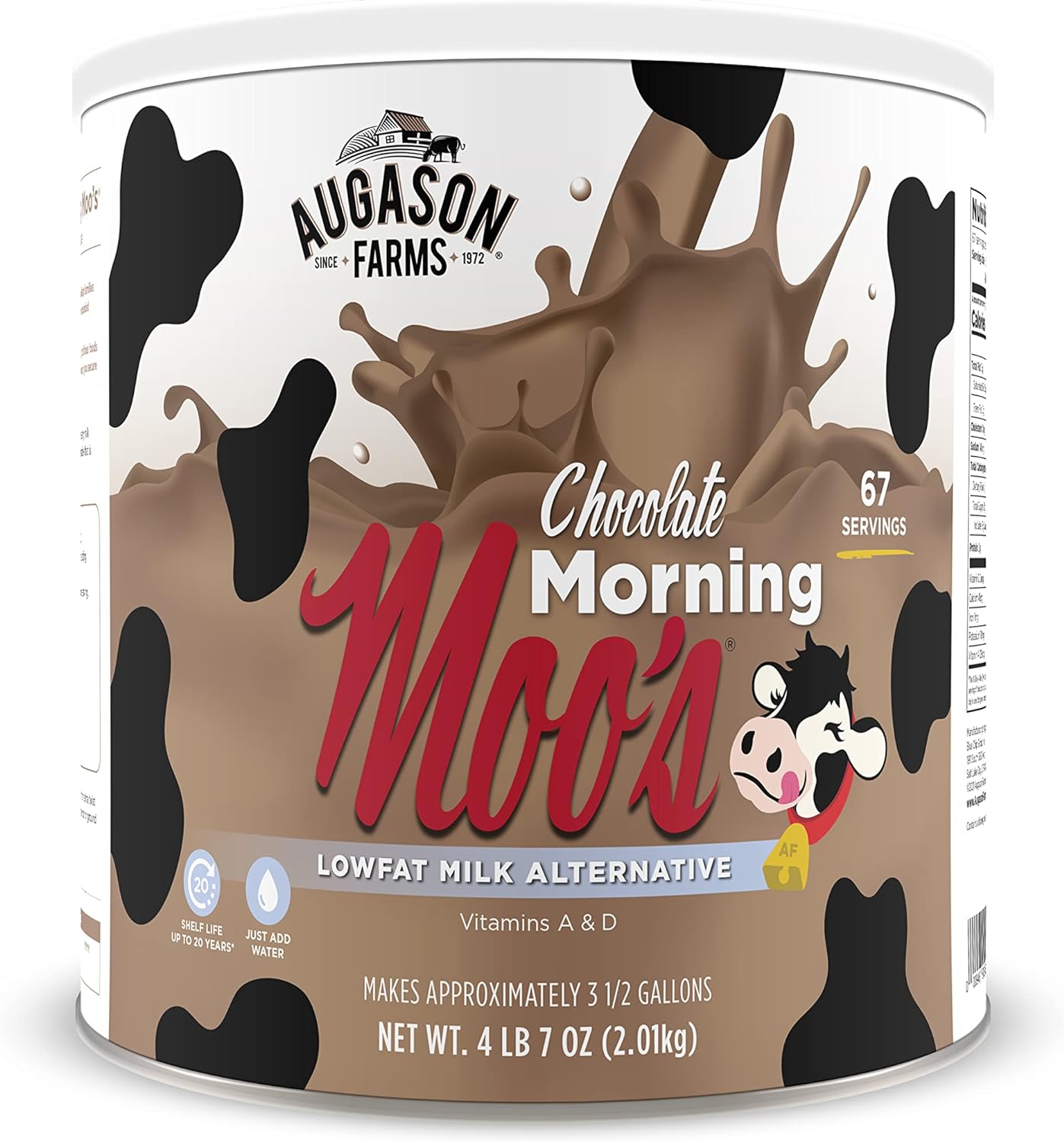 Augason Farms Morning Moos Chocolate Low Fat Milk Alternative 4 lbs 7 oz No. 10 Can  5-90620 Country Fresh 100% Real Instant Nonfat Dry Milk, 1 lb, 13 oz.