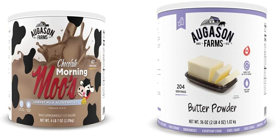 Augason Farms Morning Moos Chocolate Low Fat Milk Alternative 4 lbs 7 oz No. 10 Can  Butter Powder 2 lbs 4 oz No. 10 Can