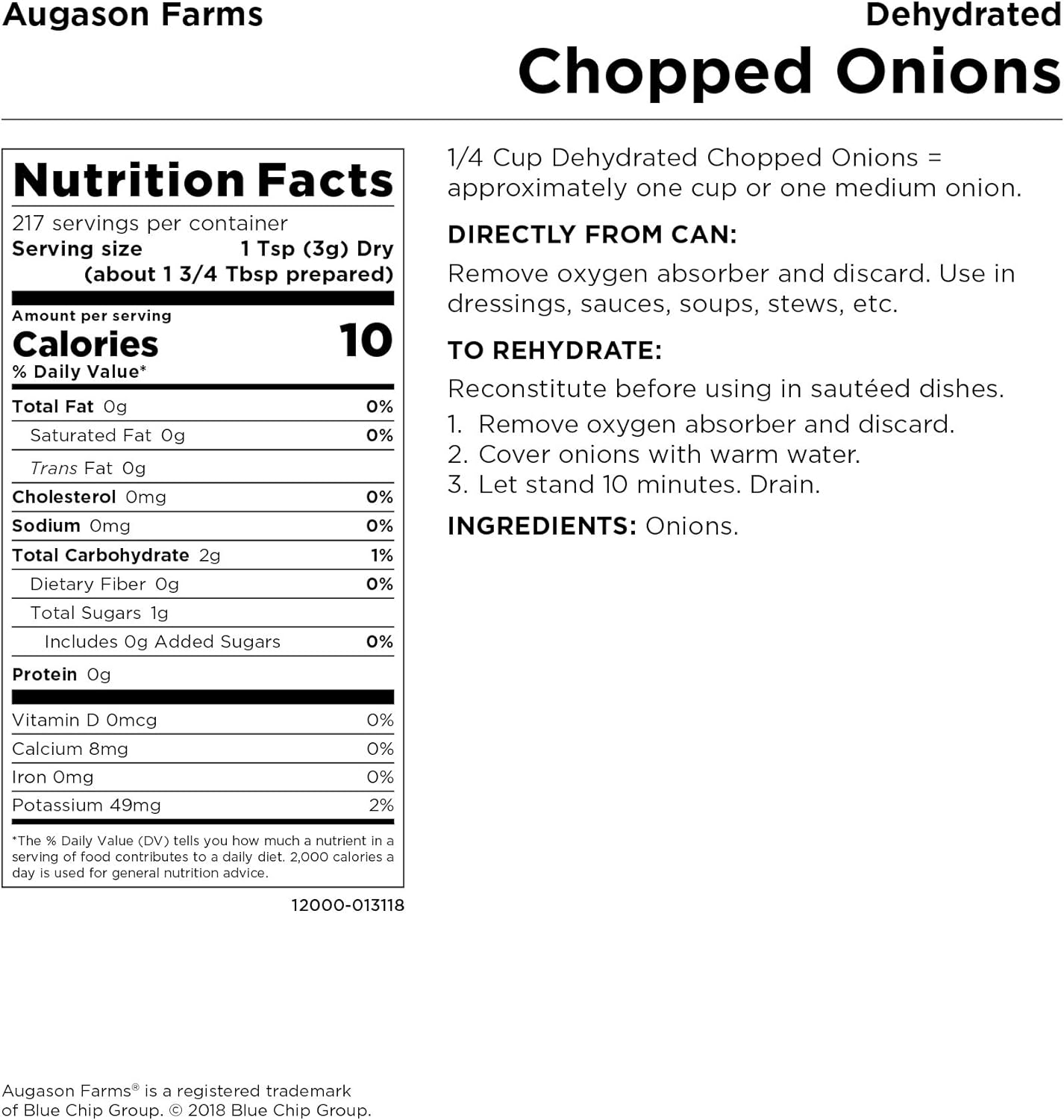 Augason Farms Morning Moos Chocolate Low Fat Milk Alternative 4 lbs 7 oz No. 10 Can  Dehydrated Chopped Onions No. 10 Can, 1 lb 7 oz (652 g) (5-12000)