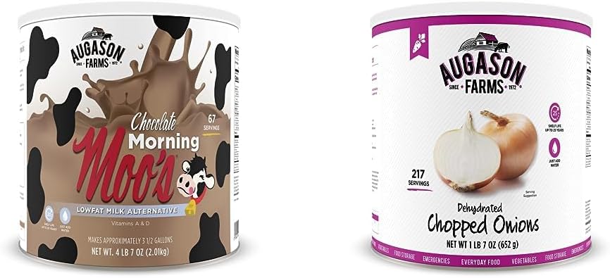 Augason Farms Morning Moos Chocolate Low Fat Milk Alternative 4 lbs 7 oz No. 10 Can  Dehydrated Chopped Onions No. 10 Can, 1 lb 7 oz (652 g) (5-12000)