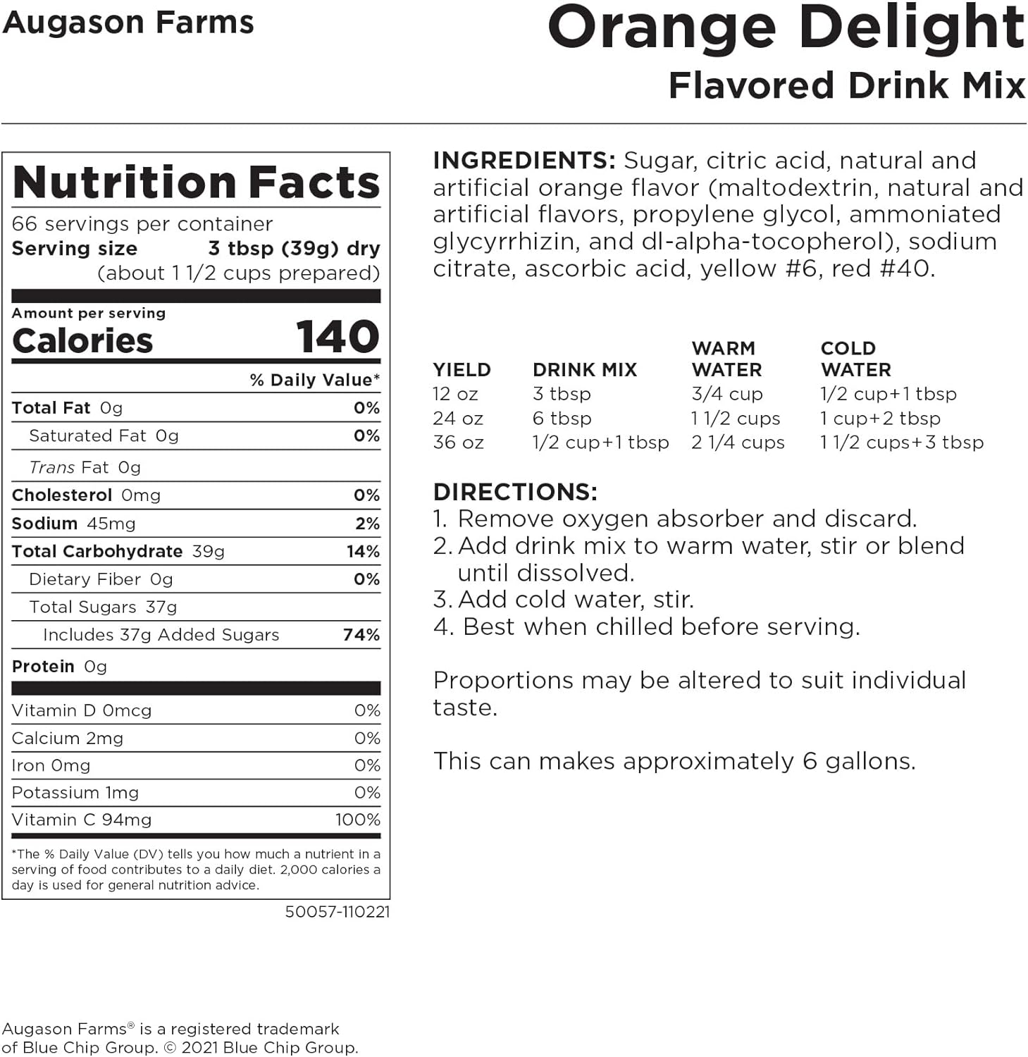 Augason Farms Orange Delight Drink Mix 5 lb. 11 oz Buttermilk Pancake Mix 3 lbs 4 oz #10 Can