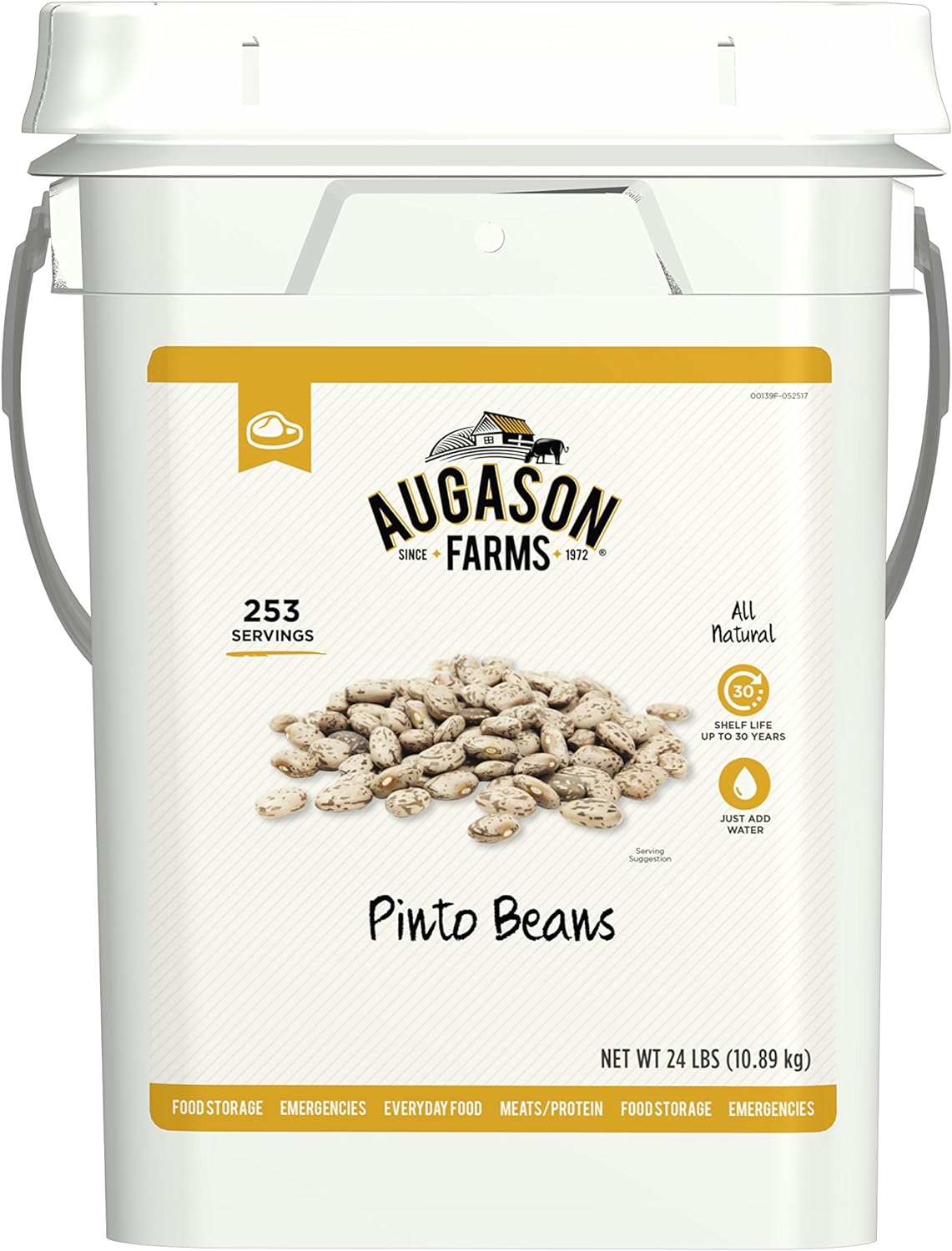 Augason Farms Pinto beans Emergency Bulk Food Storage 4 gallon Pail 253 Servings  Regular Rolled Oats Emergency Food Storage 10 Pound Pail