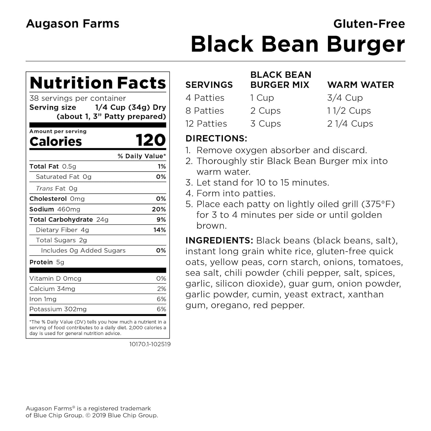 Augason Farms Southwest Chili Mix Net wt. 3 lbs 10 oz (1.65 kg)  Gluten-Free Black Bean Burger 2 lbs 14 oz No. 10 Can 1 Pack