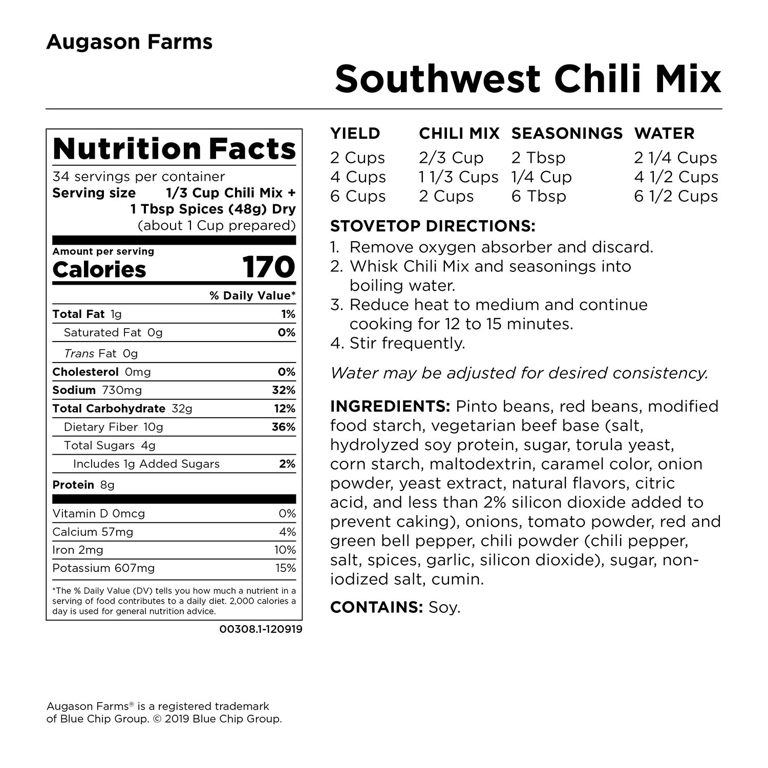 Augason Farms Southwest Chili Mix Net wt. 3 lbs 10 oz (1.65 kg)  Gluten-Free Black Bean Burger 2 lbs 14 oz No. 10 Can 1 Pack