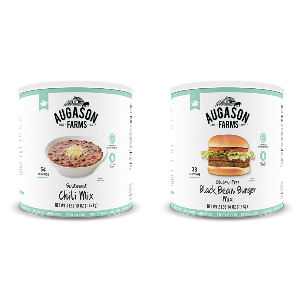 Augason Farms Southwest Chili Mix Net wt. 3 lbs 10 oz (1.65 kg)  Gluten-Free Black Bean Burger 2 lbs 14 oz No. 10 Can 1 Pack