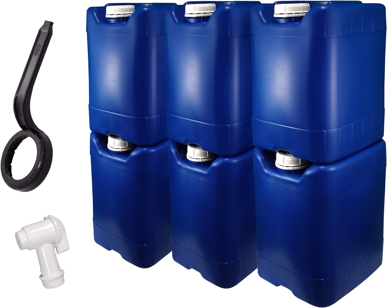 5 Gallon Samson Stackers, Blue, 6 Pack (30 Gallons), Emergency Water Storage Kit - New! - Clean! - Boxed! Kit Includes one Spigot  Wrench