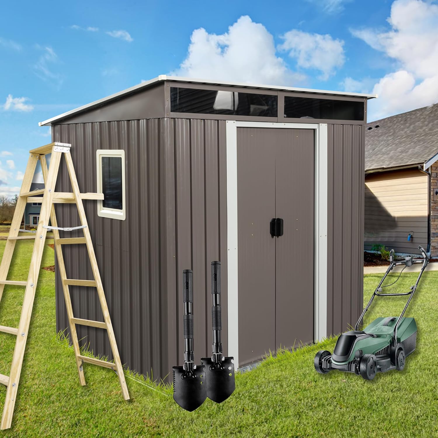 6FT x 5FT Outdoor Metal Storage Shed with Floor Frame Sun Protection Waterproof Tool Storage House with Lockable Sliding Door UV Resistant Anti-Corrosion Garden Sheds Flat roof