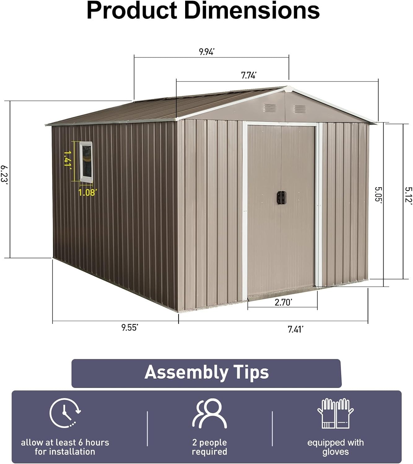 8x10 FT Outdoor Storage Sheds, with Sliding Doors Padlock Aluminum and Frames Metal Floor Base, Utility Tool Storage Shed for Patio Lawn Backyard Trash Cans