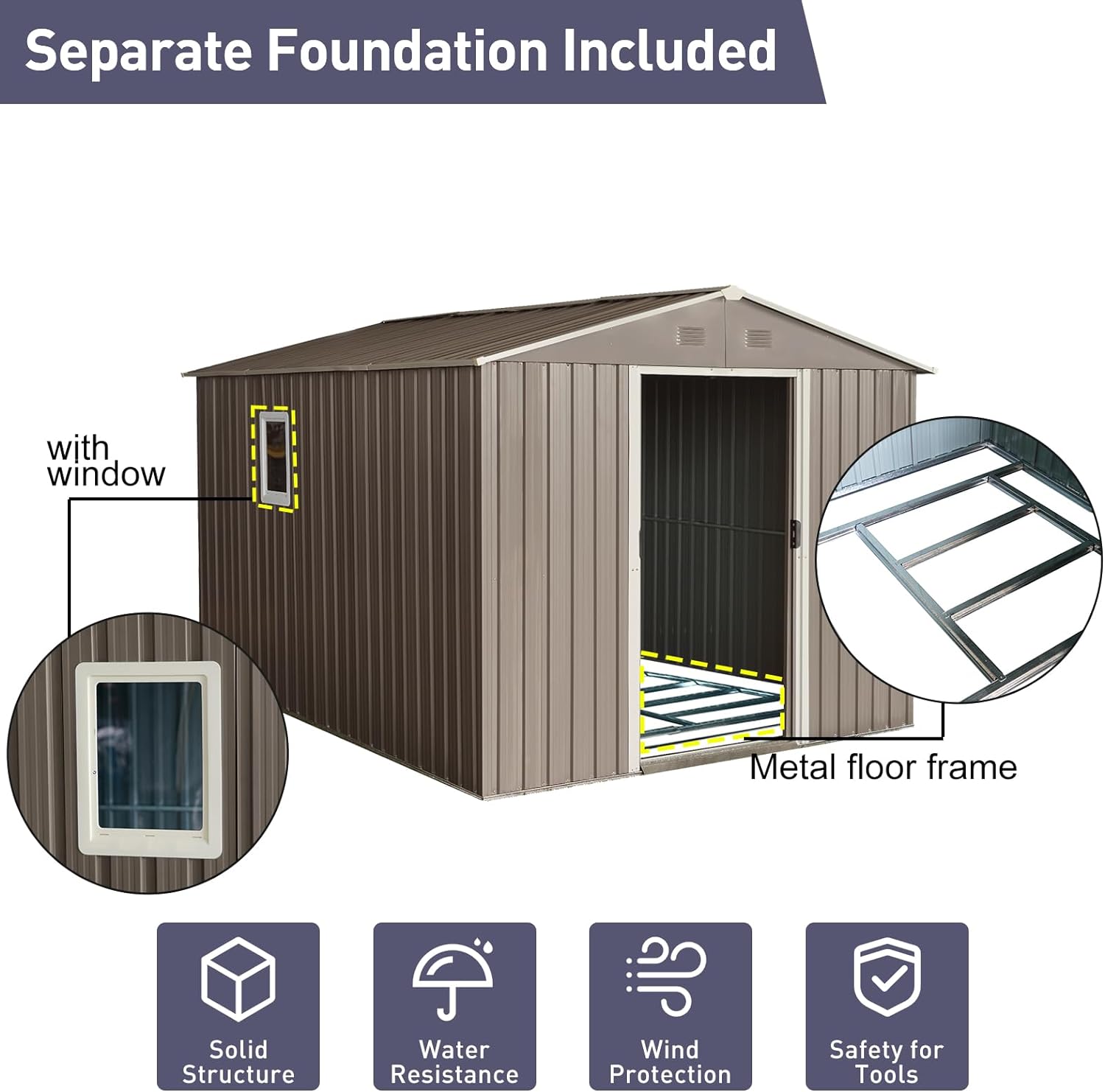 8x10 FT Outdoor Storage Sheds, with Sliding Doors Padlock Aluminum and Frames Metal Floor Base, Utility Tool Storage Shed for Patio Lawn Backyard Trash Cans