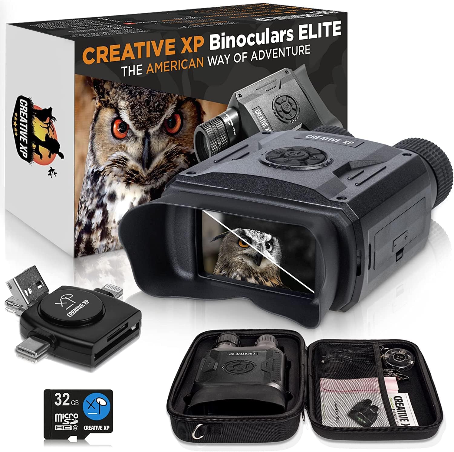 CREATIVE XP Night Vision Binoculars Elite - Digital Infrared, 2.31 Screen, 4X Zoom - Essential Deer Hunting Accessories, Tactical Gear, Security Goggles, Military Grade - 128GB Card, Neck Strap, Case