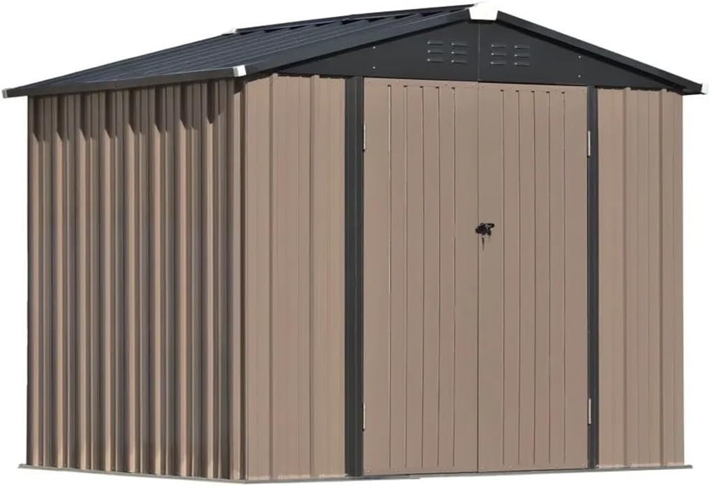 DCOT 8 Ft. X 6 Ft. Patio Garden Shed with Lockable Door Metal Storage Shed with Vent and Base Frame Tool Cabinet, Brown