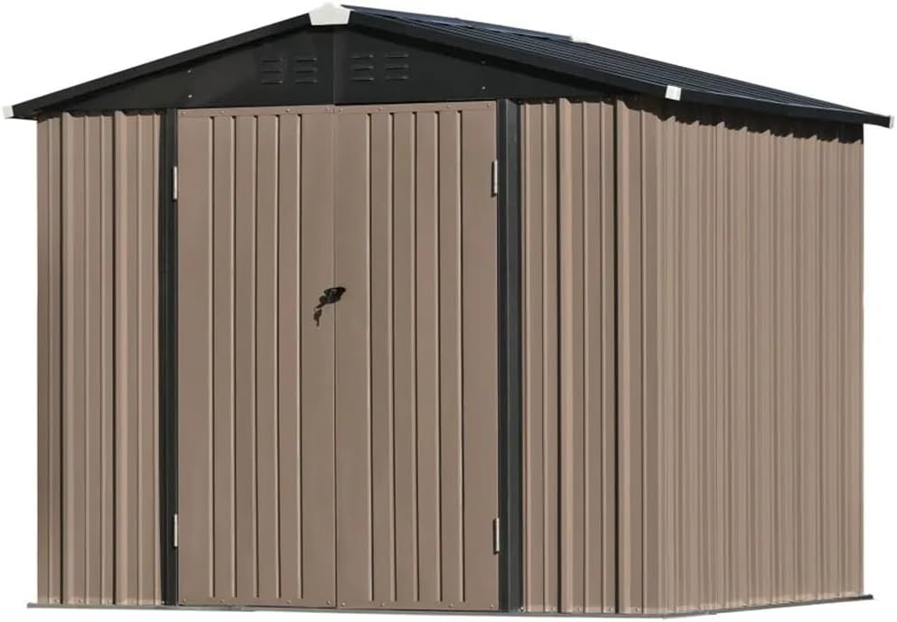 DCOT 8 Ft. X 6 Ft. Patio Garden Shed with Lockable Door Metal Storage Shed with Vent and Base Frame Tool Cabinet, Brown