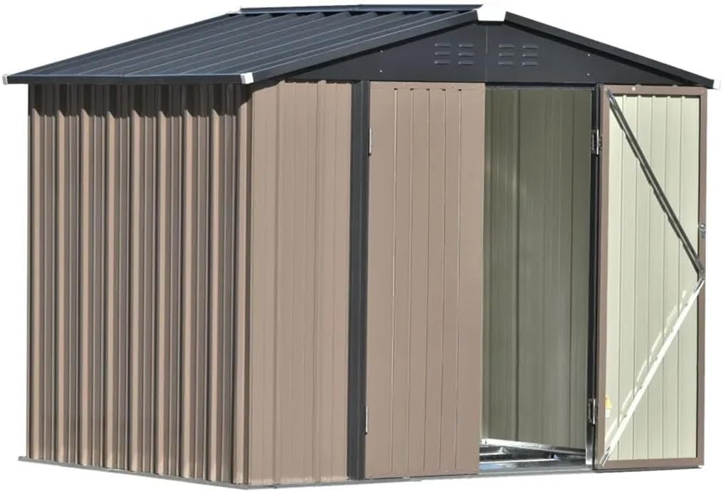 DCOT 8 Ft. X 6 Ft. Patio Garden Shed with Lockable Door Metal Storage Shed with Vent and Base Frame Tool Cabinet, Brown