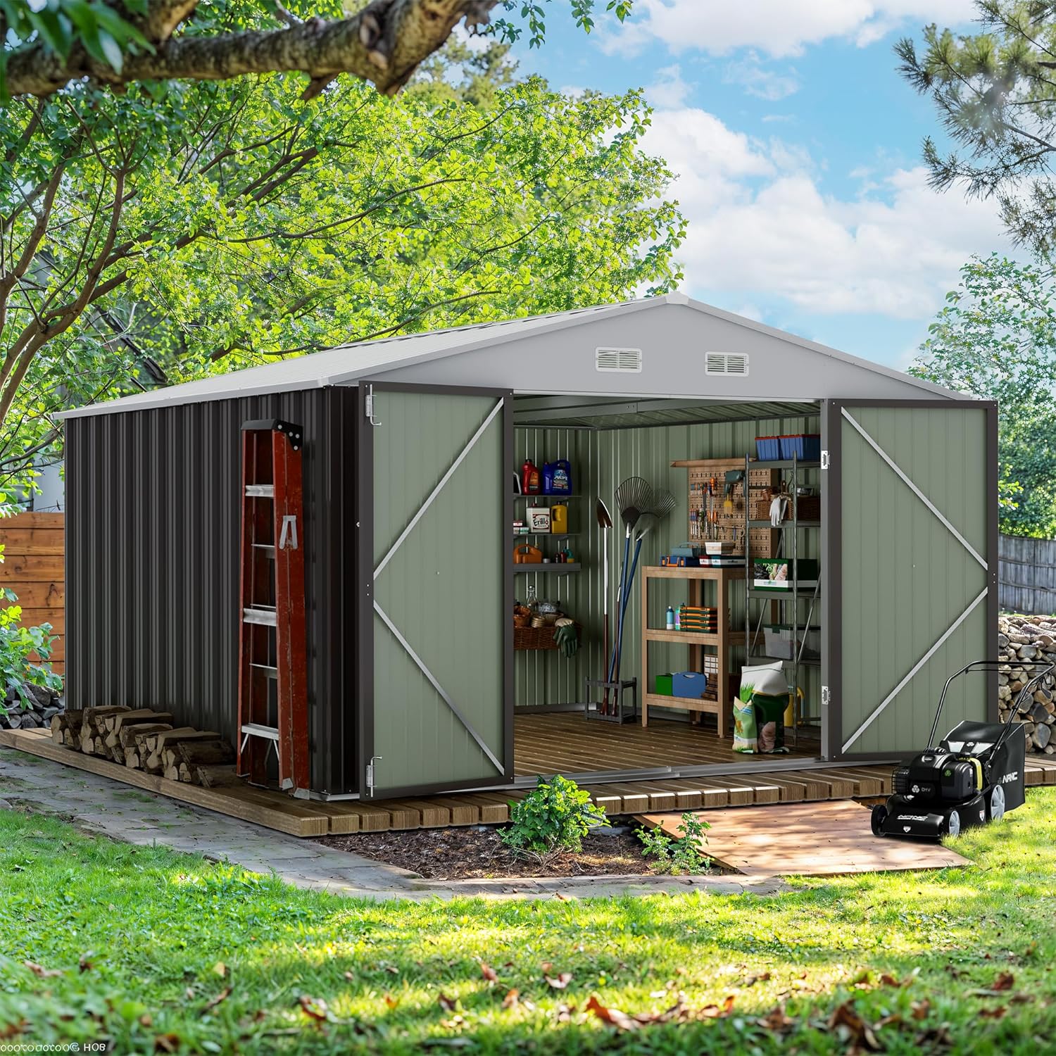 Devoko 10 x 10 FT Outdoor Storage Shed, Metal Garden Sheds  Outdoor Storage Clearance, Large Tool Shed Outdoor with Single Lockable Door for Patio Lawn Backyard (Grey)