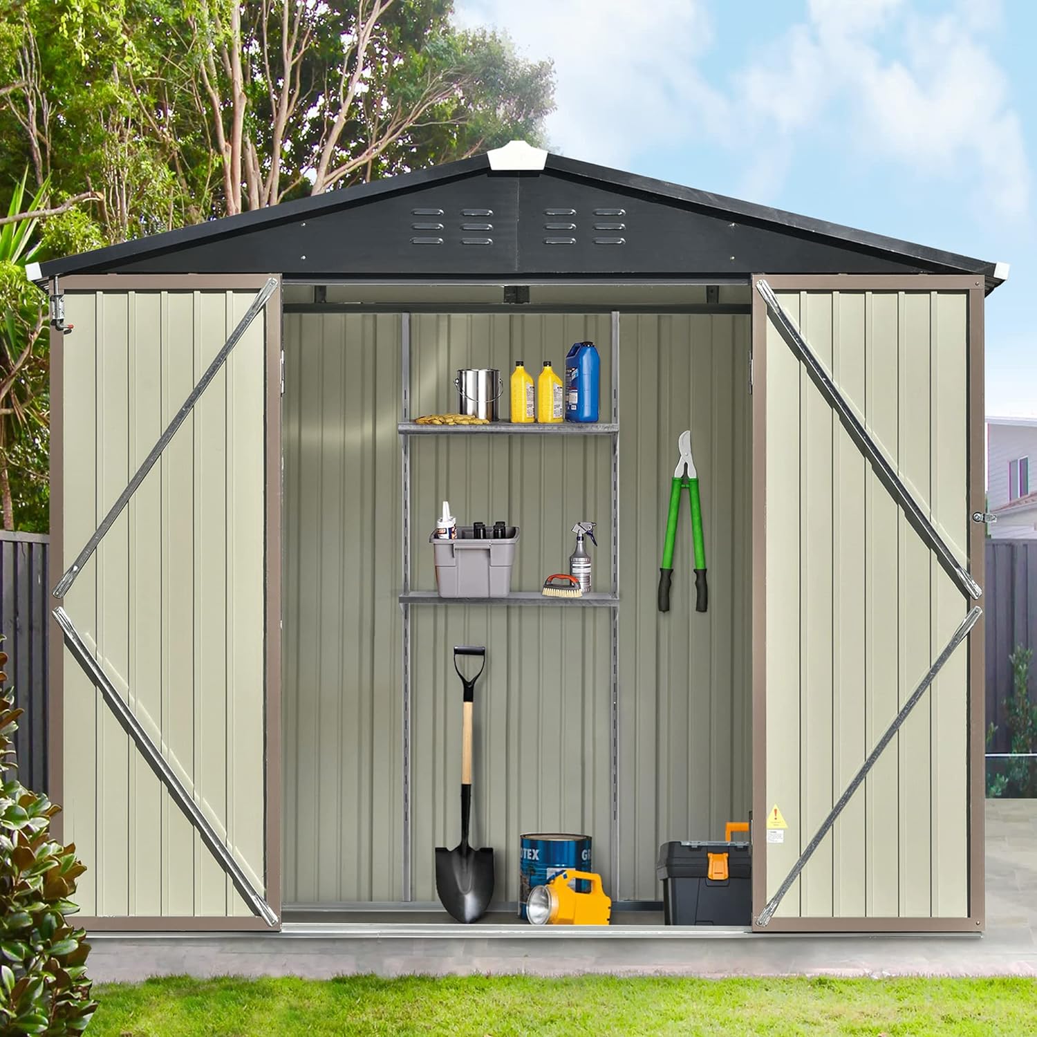 Goohome Sheds  Outdoor Storage, 8ft x6ft Metal Upgrade Utility Tool Shed Storage House w/Lockable Door, Adjustable Shelf, All-Weather Spacious Storage Shed Roof Design w/Vents, for Garden Lawn