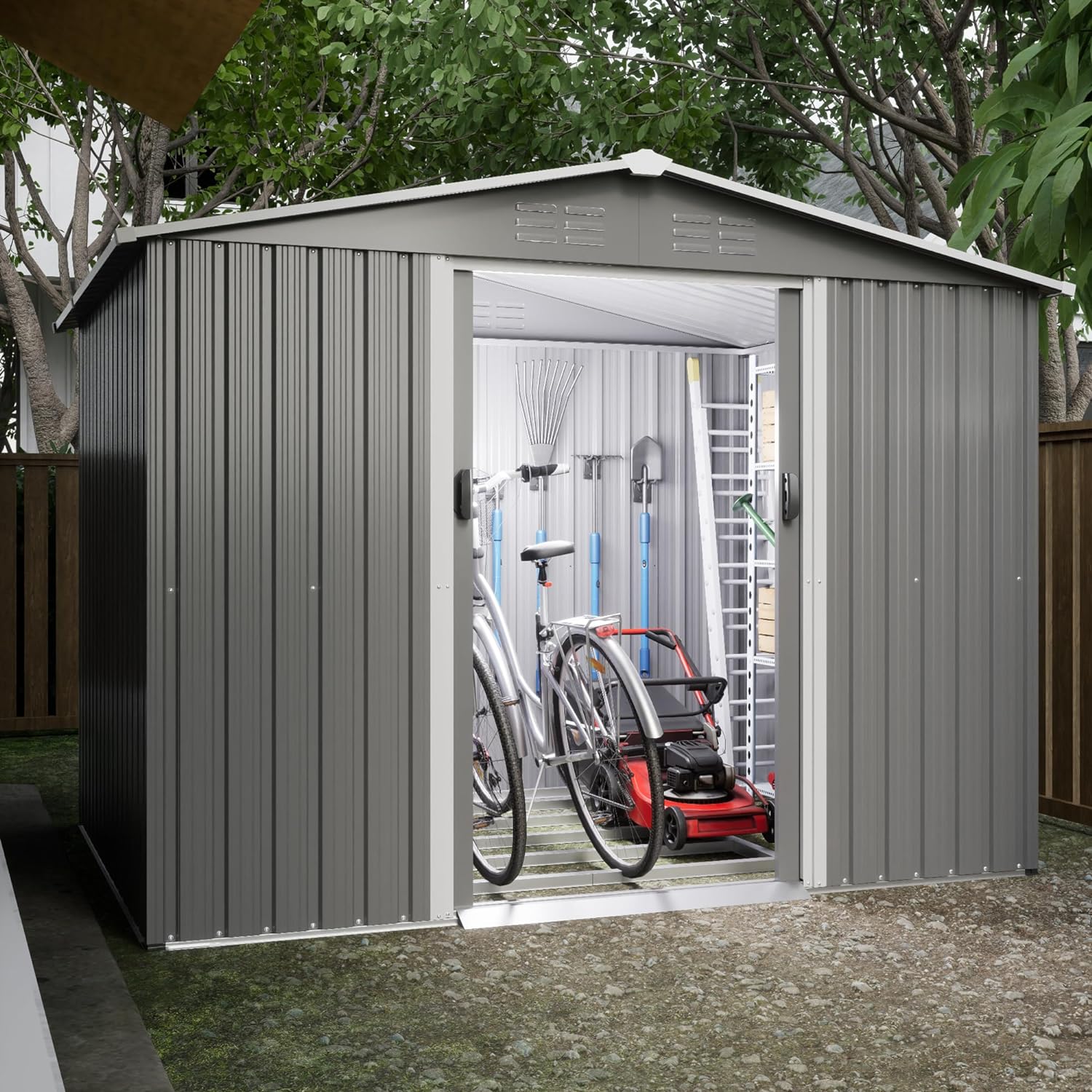 Goohome Storage Shed 8x10 FT, Durable Metal Shed Kit with Lockable Doors and Vents, Garden Tool Storage Shed House, Weather-Resistant Outdoor Storage Clearance for Backyard Patio Lawn