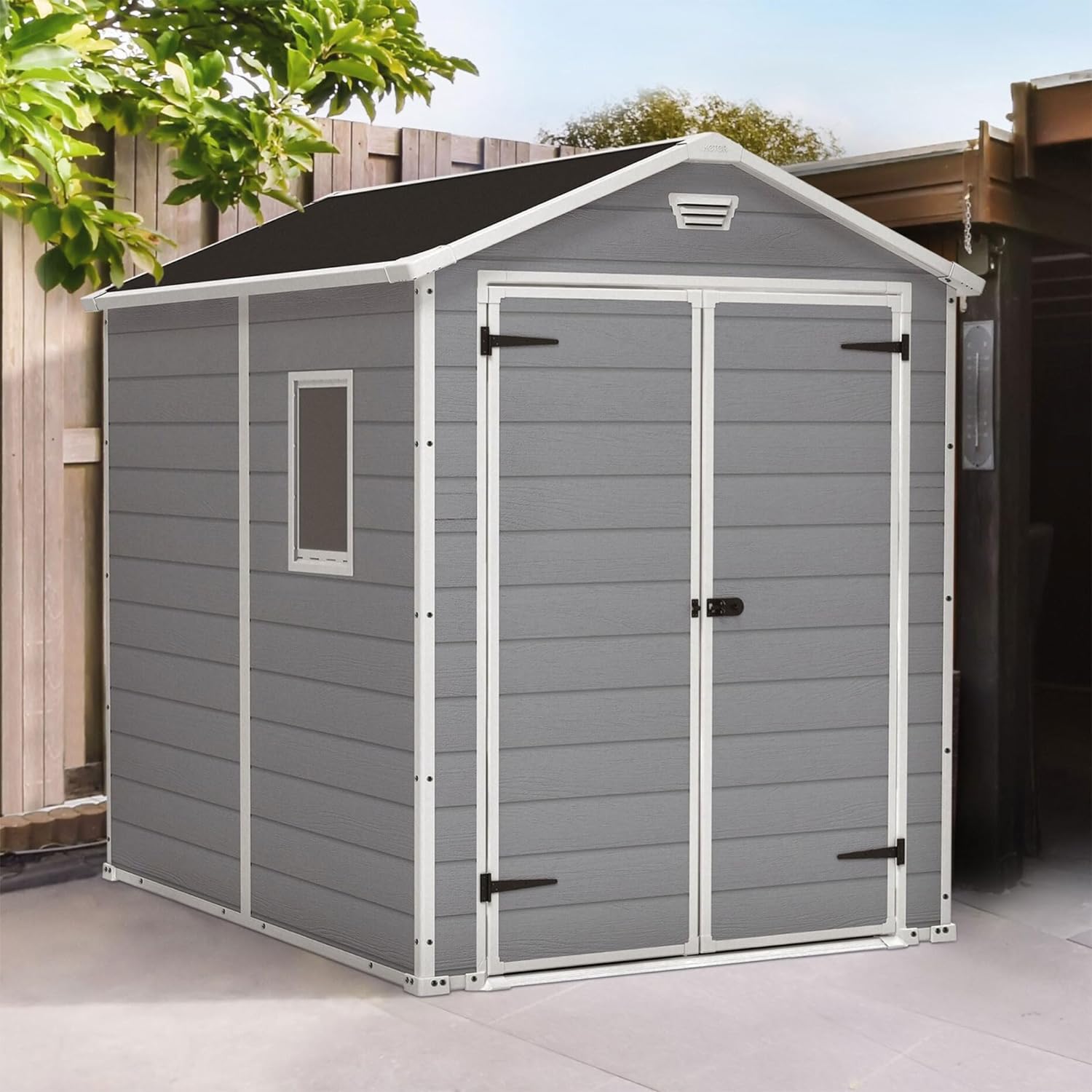 Keter Manor 6 x 8 Foot All Weather Garden Tool Outdoor Storage Shed with Lockable Double Doors, Fixed Window and Wood-Look Plastic Walls, Gray