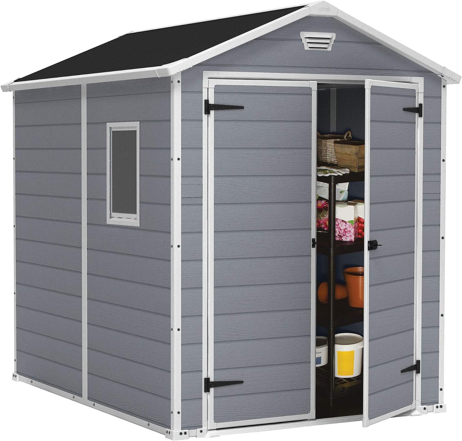 Keter Manor 6 x 8 Foot All Weather Garden Tool Outdoor Storage Shed with Lockable Double Doors, Fixed Window and Wood-Look Plastic Walls, Gray