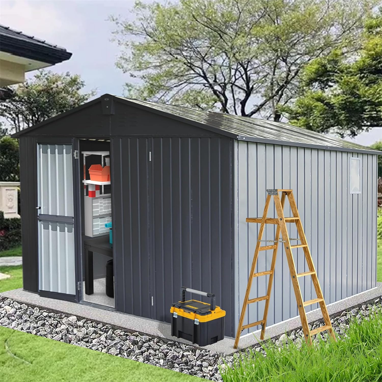 Lovtimber Sheds  Outdoor Storage Clearance 11 x 12.5 with Galvanized Steel Frame  Windows, Metal Garden Shed with Waterproof, Lockable Door for Patio Lawn, Backyard Dark Gray