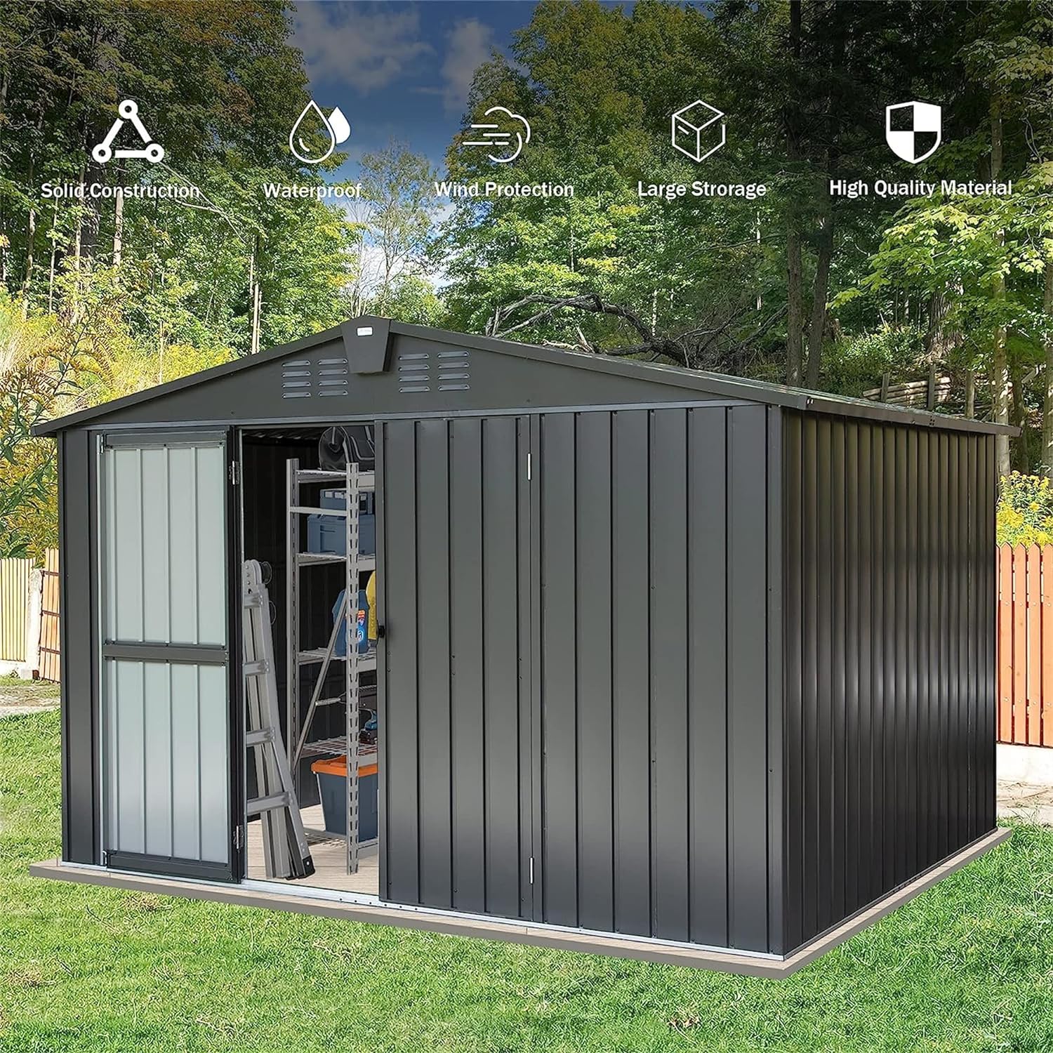 Lovtimber Sheds  Outdoor Storage Clearance 11 x 12.5 with Galvanized Steel Frame  Windows, Metal Garden Shed with Waterproof, Lockable Door for Patio Lawn, Backyard Dark Gray