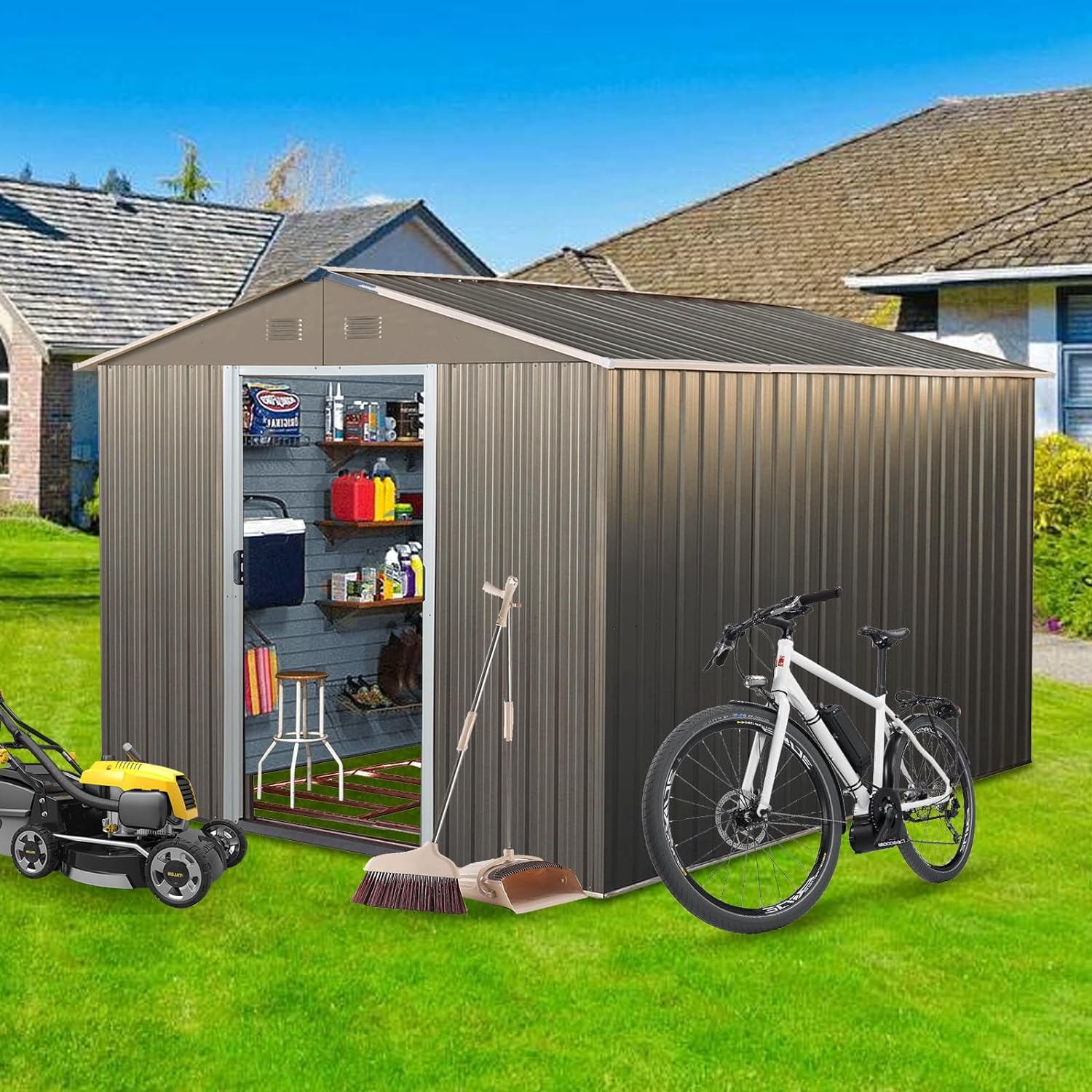 Okak Outdoor Storage Shed 8x10 FT Steel Utility Tool Storage Sheds House with Lockable Doors Waterproof Metal Garden Shed Outdoor Storage for Backyard Garden,Patio,Grey