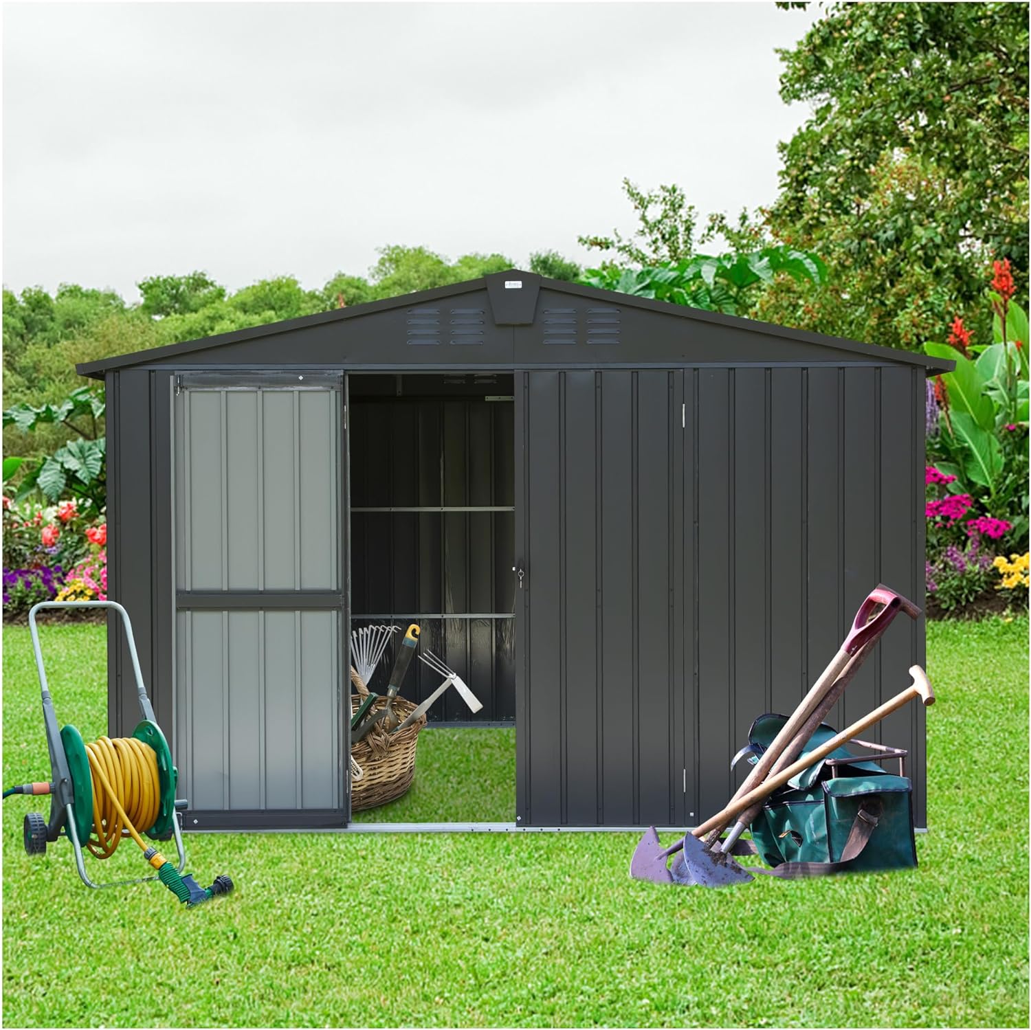 Outdoor Storage Shed 10 x 8, Metal Steel Utility Tool Shed with Double Lockable Doors  Air Vents for Backyard Patio Garden Lawn