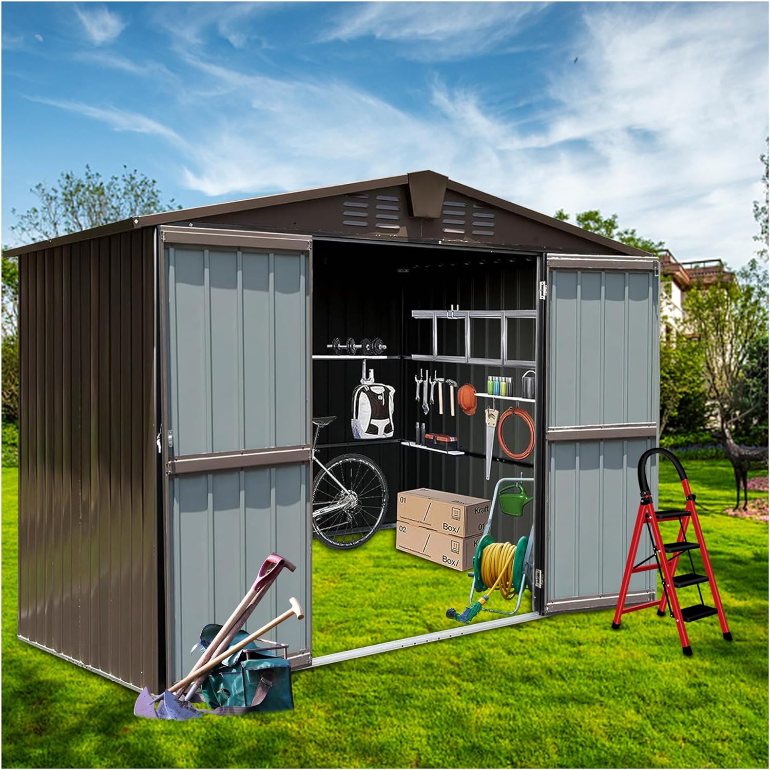 Outdoor Storage Shed 10 x 8, Metal Steel Utility Tool Shed with Double Lockable Doors  Air Vents for Backyard Patio Garden Lawn