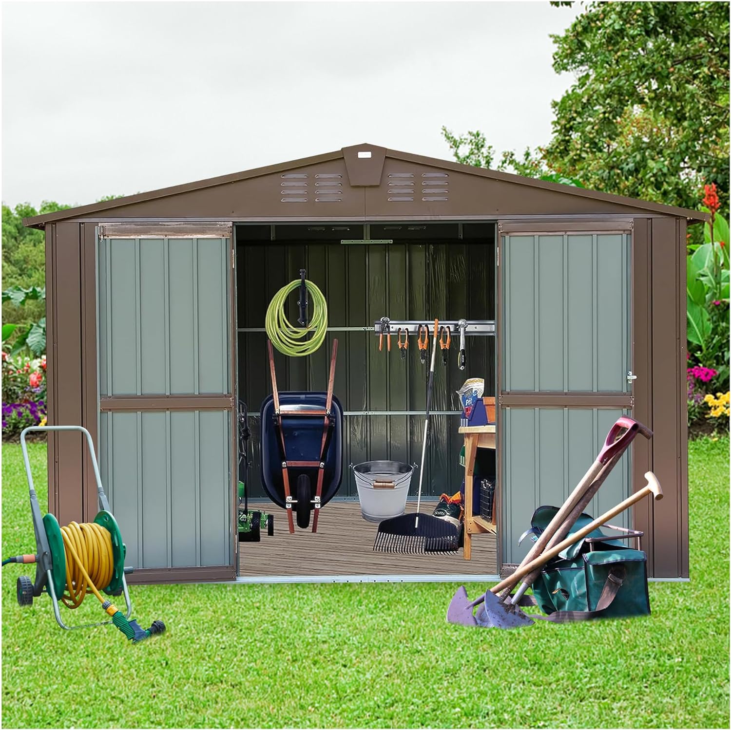 Outdoor Storage Shed 10 x 8, Metal Steel Utility Tool Shed with Double Lockable Doors  Air Vents for Backyard Patio Garden Lawn