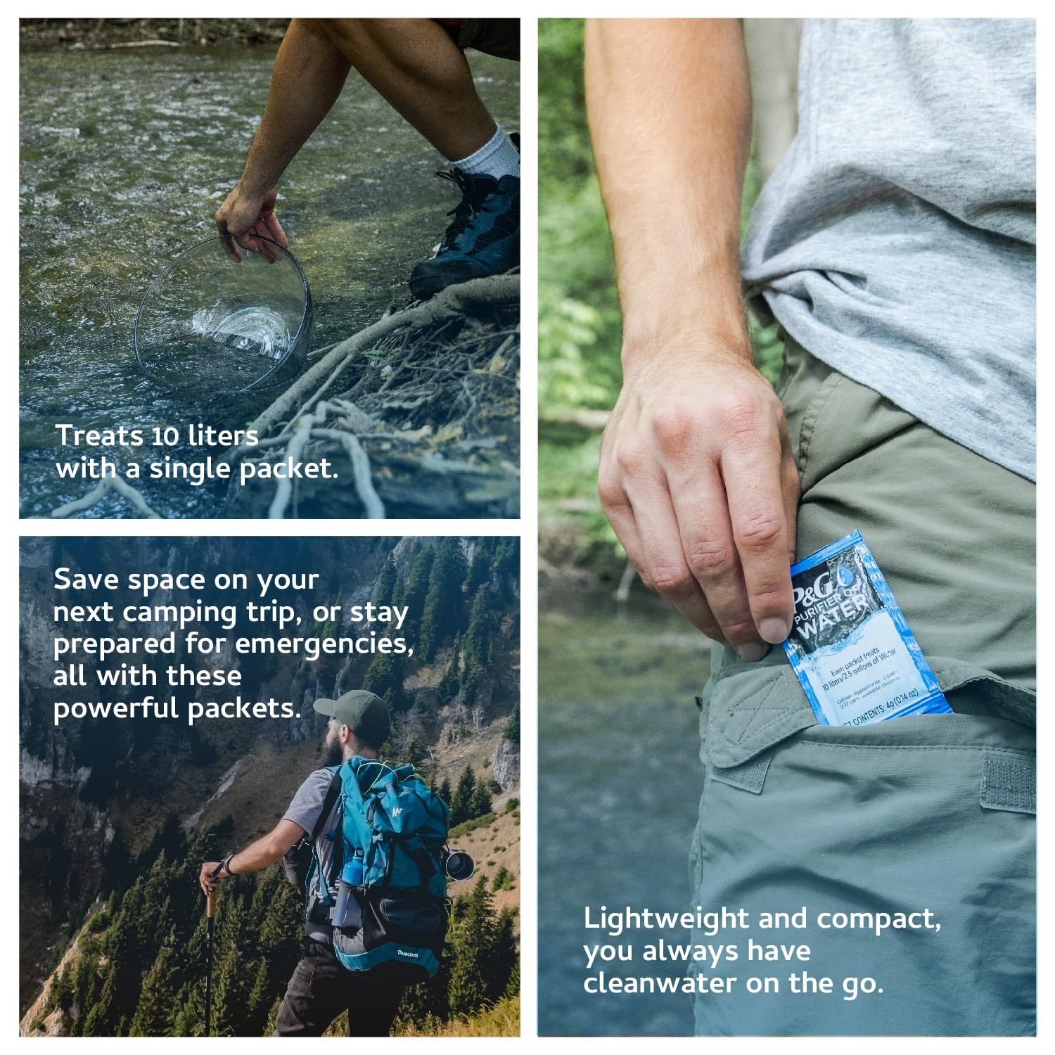 PG Purifier of Water Portable Water Purifier Packets (Box of 240 Packets). Emergency Water Filter Purification Powder Packs for Camping, Hiking, Backpacking, Hunting, and Traveling.