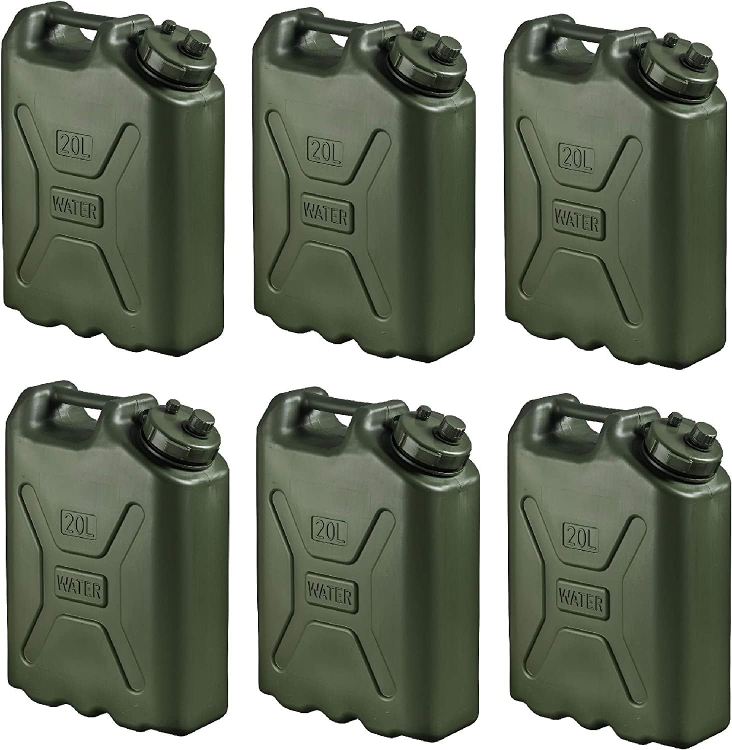 Scepter BPA Durable 5 Gallon 20 Liter Portable Military Water Storage Container for Camping, Outdoors and Emergency Management, Green (6 Pack)