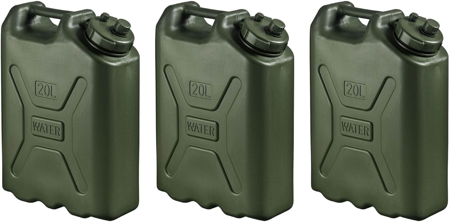 Scepter BPA Durable 5 Gallon 20 Liter Portable Military Water Storage Container for Camping, Outdoors and Emergency Management, Green (3 Pack)