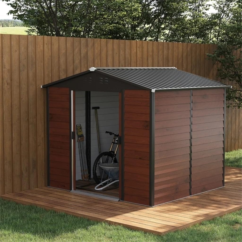 TKFDC 8 X 7 Outdoor Storage Shed, Metal Garden Shed with Double Sliding Lockable Door, Floor Frame, Vents, Waterproof Tool Shed