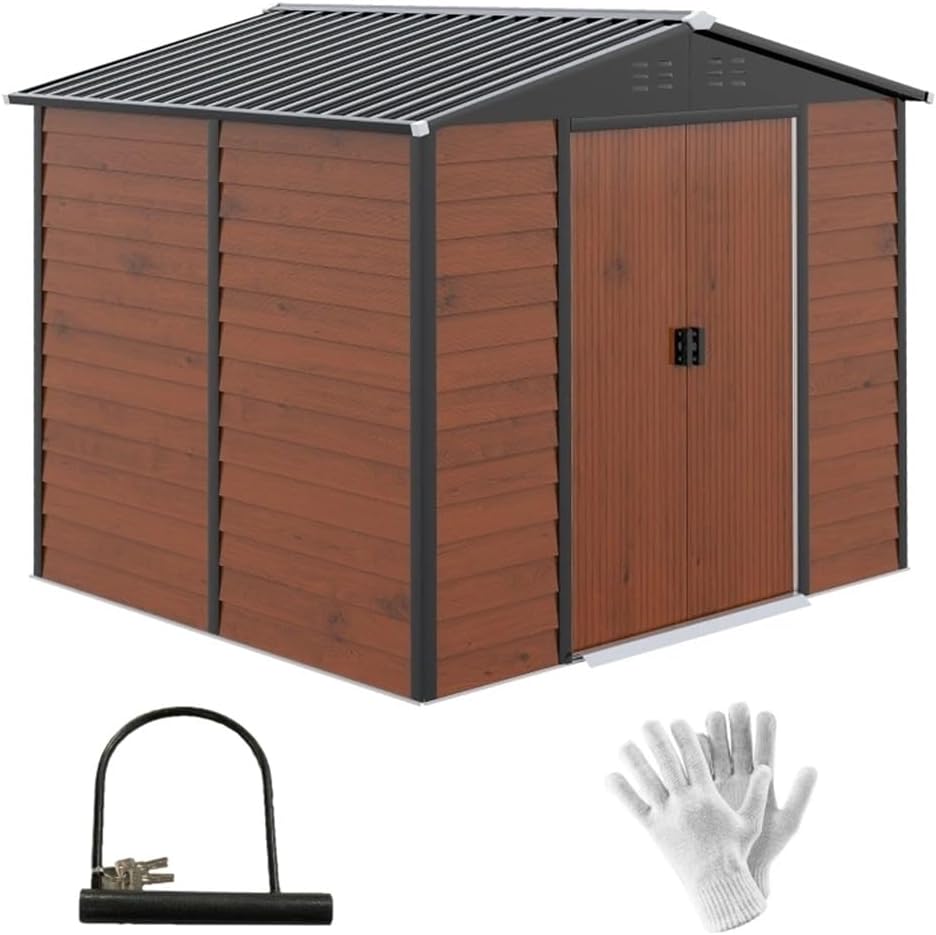 TKFDC 8 X 7 Outdoor Storage Shed, Metal Garden Shed with Double Sliding Lockable Door, Floor Frame, Vents, Waterproof Tool Shed