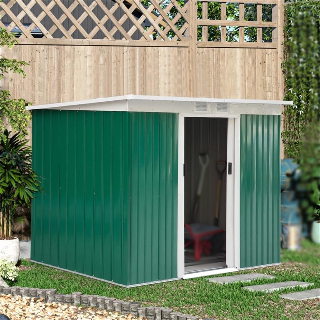 TKFDC 9 X 4.5 X 5.5 Outdoor Garden Storage Shed with Metal Floor Frame, Two Vents, and Lockable Design,Green