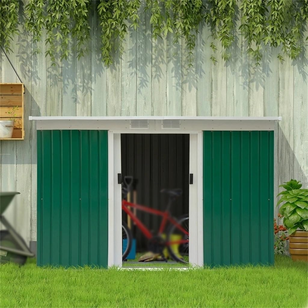 TKFDC 9 X 4.5 X 5.5 Outdoor Garden Storage Shed with Metal Floor Frame, Two Vents, and Lockable Design,Green