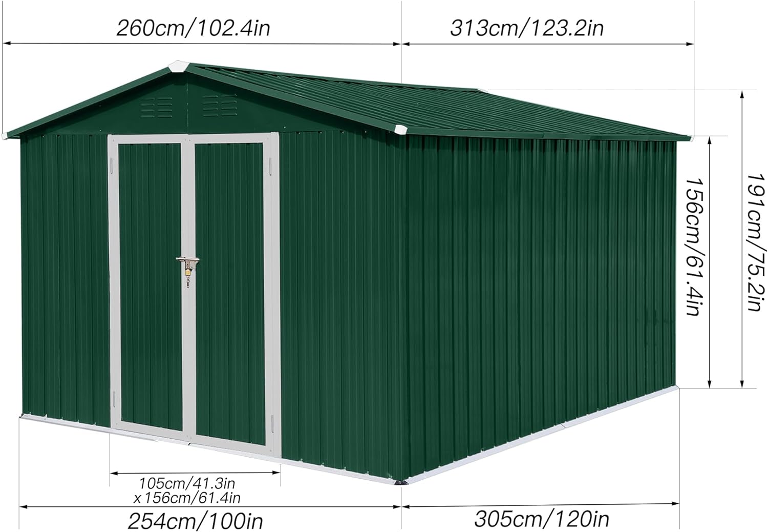 TOYLINX Metal Garden Sheds 10ftx8ft, Outdoor Storage Sheds, Metal Garden Sheds with Lockable Double Door for Yard Garden Patio Lawn Green