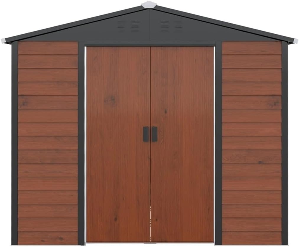 WALNUT 8 X 7 Outdoor Storage Shed, Metal Garden Shed with Double Sliding Lockable Door, Floor Frame, Vents, Waterproof Tool Shed