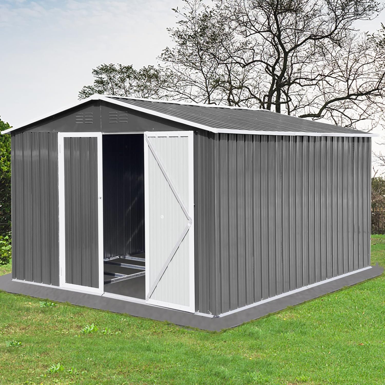 YOPTO 10x8 FT Outdoor Storage Shed, Garden Tool House with Metal Floor Base, Double Sliding Doors, Air Vents, Storage Clearance for Backyard, Patio, Garage, Lawn, Coffee