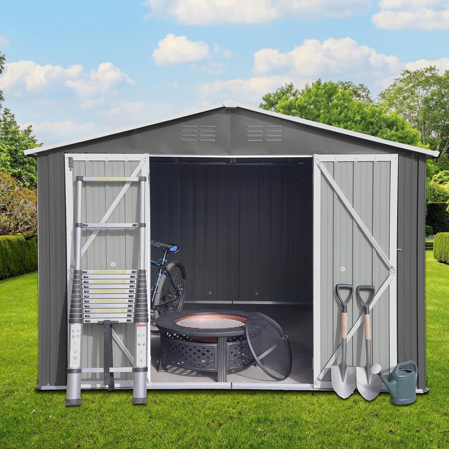 Zevemomo 10X8 FT Outdoor Storage Shed, All Weather Metal Sheds with Metal Foundation  Lockable Doors, Tool Shed for Garden, Patio, Backyard, Lawn, Grey